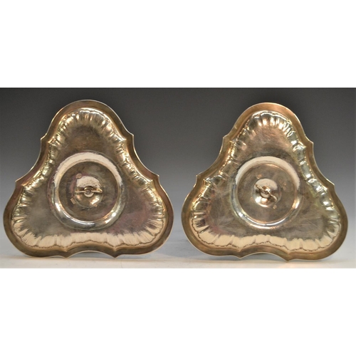 765 - A pair of late 19th century Danish silver triangular triple-lip sauce tureens and stands, of 18th ce... 