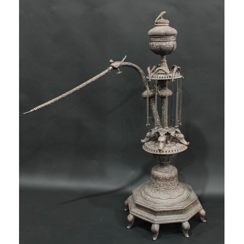 795 - A substantial Indian Kutch silver floor-standing hookah pipe, of palatial proportions, the domed pie... 