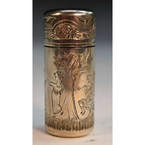 811 - A Victorian silver cylindrical scent bottle, engraved after Kate Greenaway with Children in an idyll... 