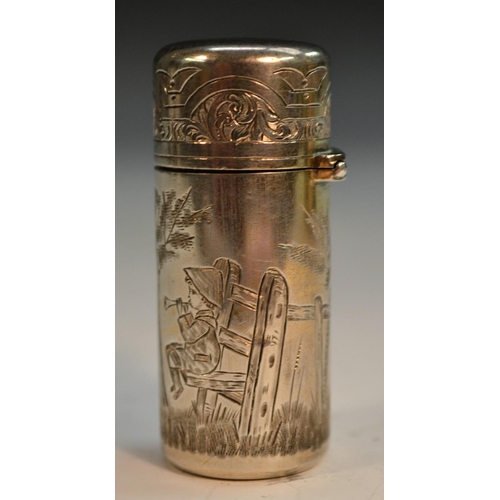 811 - A Victorian silver cylindrical scent bottle, engraved after Kate Greenaway with Children in an idyll... 