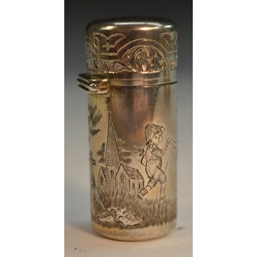 811 - A Victorian silver cylindrical scent bottle, engraved after Kate Greenaway with Children in an idyll... 