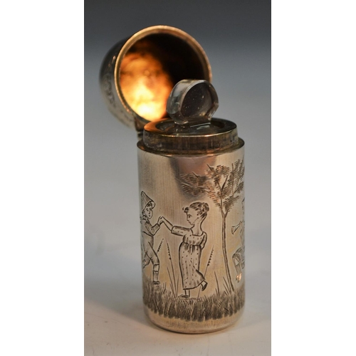 811 - A Victorian silver cylindrical scent bottle, engraved after Kate Greenaway with Children in an idyll... 