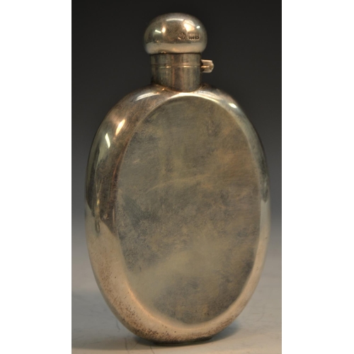 815 - A Victorian silver oval hip flask, quite plain, domed hinged bayonet cover, 14.5cm long, William Hut... 