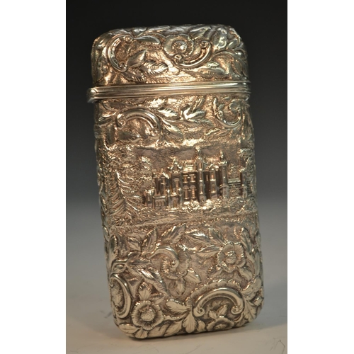 860 - An early Victorian silver castle top cigar case, embossed with a view of Abbotsford, Home of Sir Wal... 