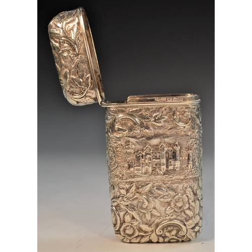 860 - An early Victorian silver castle top cigar case, embossed with a view of Abbotsford, Home of Sir Wal... 