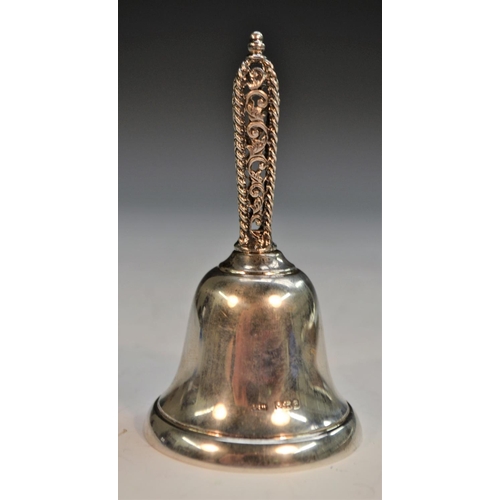 880 - An Elizabeth II silver table bell, cage work handle, 11cm high, Laurence R Watson & Co, Birmingham 1... 