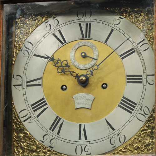 1306 - A 19th century American longcase clock, 31cm square brass dial inscribed H.J. Pepper, Philadelphia, ... 