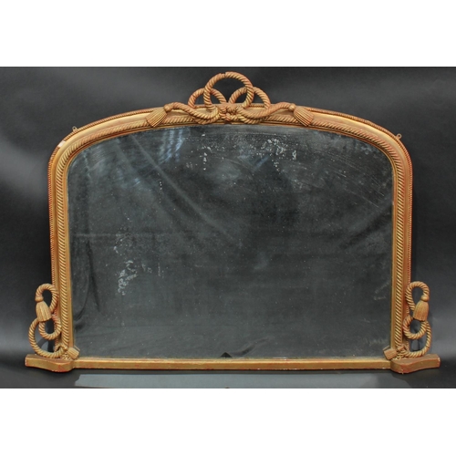 1359 - A 19th century giltwood and gesso arched rectangular chimney glass, ribbon-tied tassel cresting, arc... 