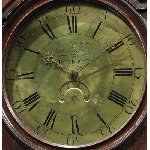 1537 - A George III oak longcase clock, 33cm circular brass dial inscribed James Wright, Derby, Roman and s... 