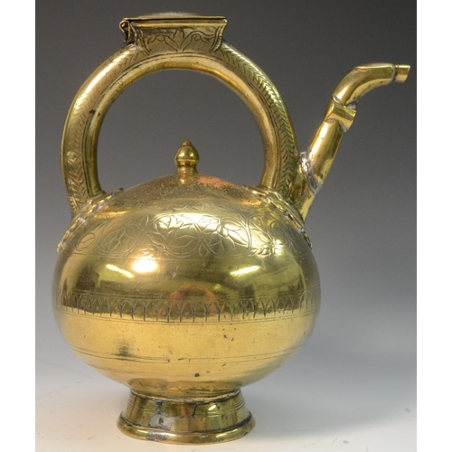 268 - An 18th century Chinese bronze globular tea kettle/libation pot, engraved with a band of stylised sc... 