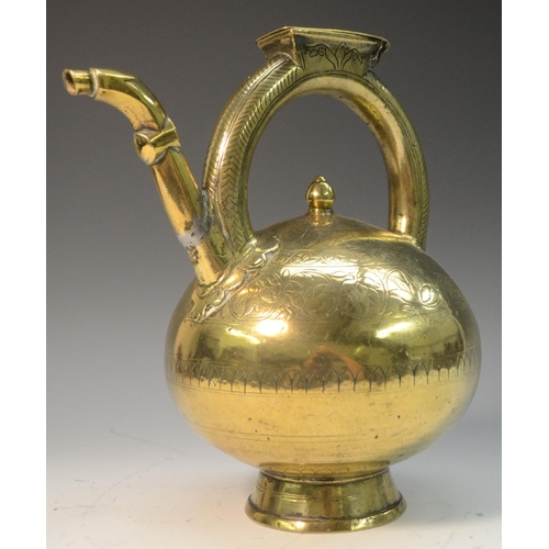 268 - An 18th century Chinese bronze globular tea kettle/libation pot, engraved with a band of stylised sc... 