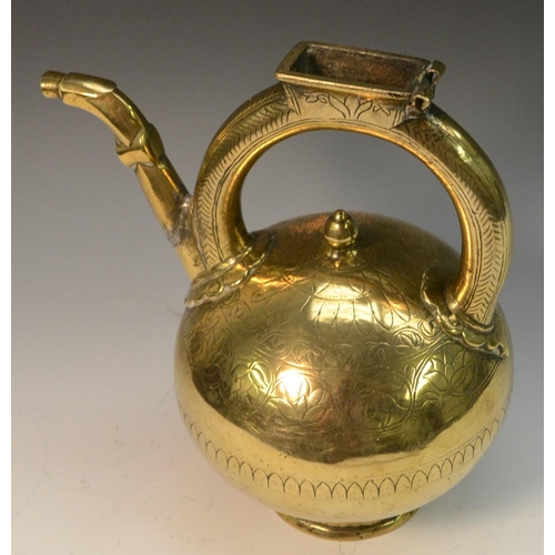 268 - An 18th century Chinese bronze globular tea kettle/libation pot, engraved with a band of stylised sc... 