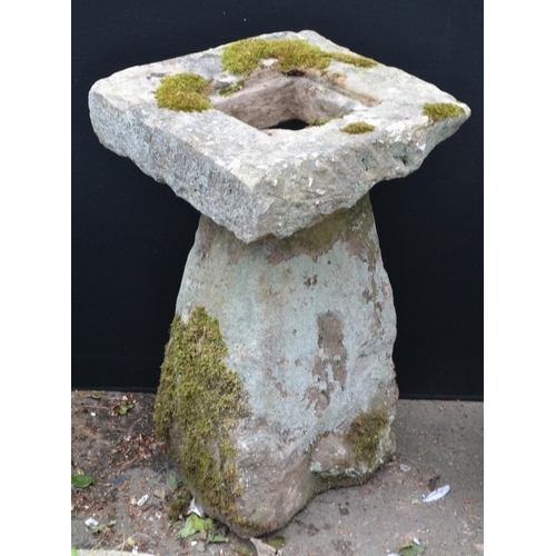 1303 - A 19th century  Derbyshire gritstone staddle stone, square holed top, 81cm high