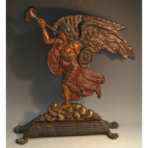 1317 - A 19th century cast iron door stop, Britannia, blowing her trumpet, standing on a cloud, stepped bas... 