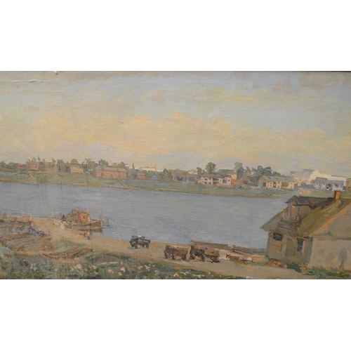 546 - H** Konuh? (Russian 20th century) A Busy Estuary signed with initials, dated 1950, oil on canvas, 72... 