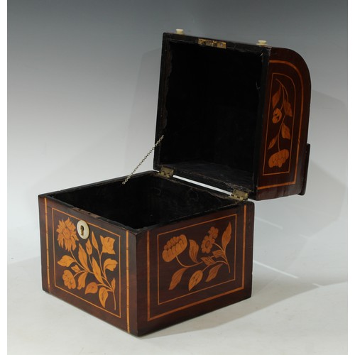 60 - A 19th century Dutch satinwood marquetry and mahogany decanter box, profusely inlaid with a bird, fl... 