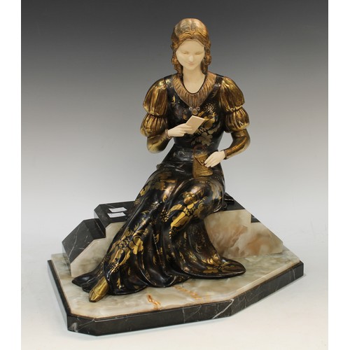 66 - An Art Deco figure, seated lady in black and gold dress, after Cipriani, 37cm high (restored)