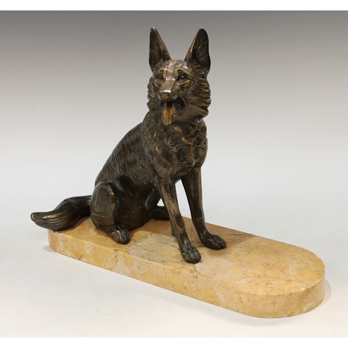 67 - An Art Deco model of an Alsatian, seated on a marble base, marked H Moli, 30cm high