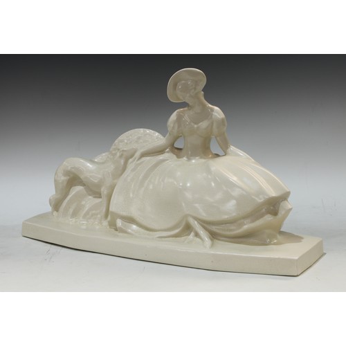 69 - A French ceramic model of a seated crinoline lady, glazed in white, after Lejan, 50cm