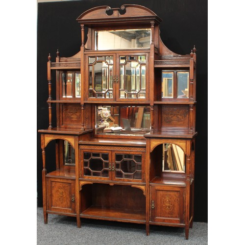 74 - A Victorian rosewood and marquetry 'parlour room' cabinet, the shaped superstructure with swan neck ... 