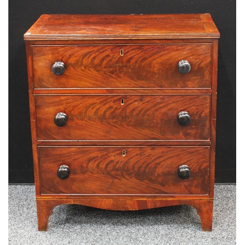 81 - A George III mahogany chest, of small proportions, slightly oversailing crossbanded rectangular top ... 