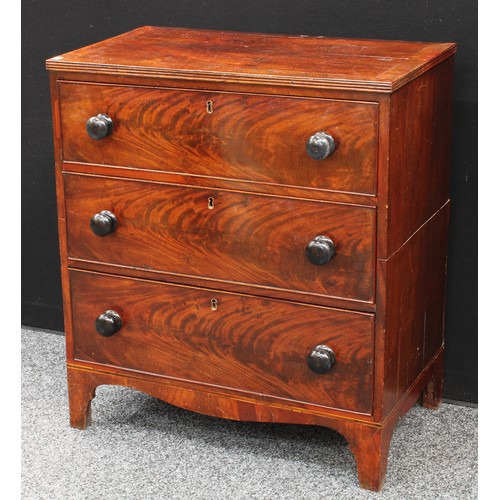 81 - A George III mahogany chest, of small proportions, slightly oversailing crossbanded rectangular top ... 