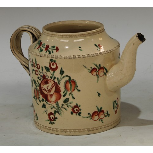 104 - An  18th century Leeds creamware cylindrical teapot, painted with stylised peonies and tulips, inter... 