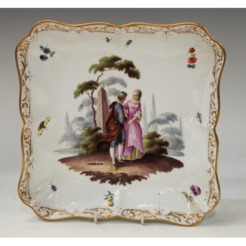 105 - A Meissen shaped square dish, outside decorated in the Watteauesque taste with a courting couple bes... 