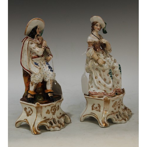 106 - A pair of 19th century figures, of a gallant and companion, he as a cavalier, both seated, high scro... 