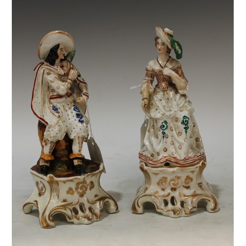 106 - A pair of 19th century figures, of a gallant and companion, he as a cavalier, both seated, high scro... 