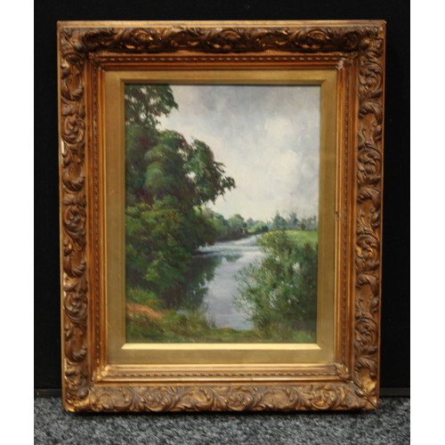 126 - Percy Robinson (early 20th century)   Riverscape   signed and dated 1908, oil on board, 29cm x 21cm