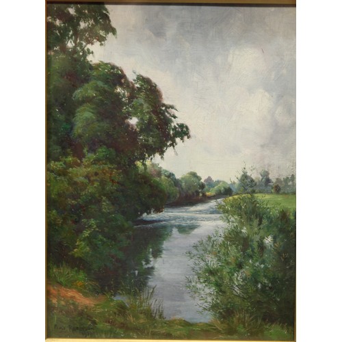 126 - Percy Robinson (early 20th century)   Riverscape   signed and dated 1908, oil on board, 29cm x 21cm