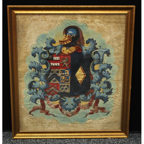 129 - An 18th century coat of arms, painted in polychrome, on linen, 47cm x 40cm, framed.
The arms are tho... 