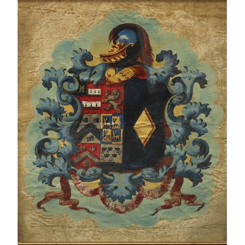 129 - An 18th century coat of arms, painted in polychrome, on linen, 47cm x 40cm, framed.
The arms are tho... 