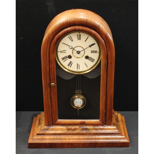 134 - A mahogany domed case eight day mantel clock, glazed door, enamel dial with Roman numerals, twin win... 