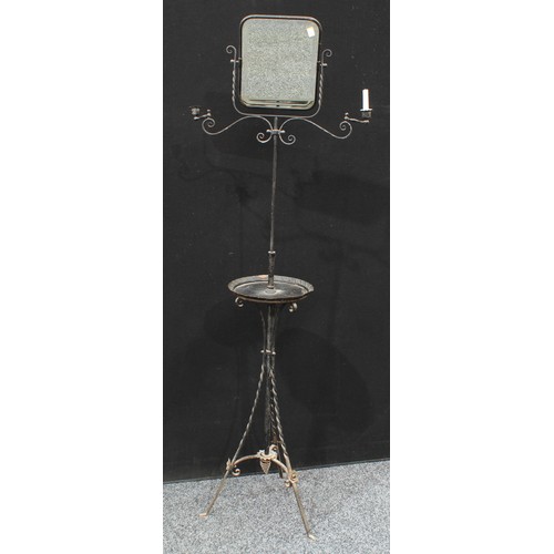 160 - A 19th Century French standing vanity mirror and tray, scrolled wrought iron, tripod stand, rectangu... 