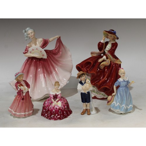 163 - A Royal Doulton figure, Top O'The Hill, HN1834; others, Elaine, HN3307; My First Figurine, HN3424; A... 