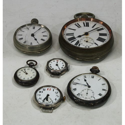 574 - A silver open faced pocket watch, import marks for London 1918; a Goliath pocket watch; a silver wri... 