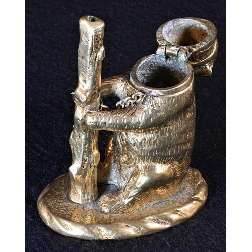 5403 - Bear Baiting - an early 20th century gilt brass so-to-bed, as a bear and staff, his hinged head encl... 