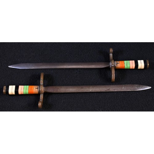 5218 - A pair of early 20th century miniature swords or letter knives, 15cm blades, brass S-shaped guards, ... 