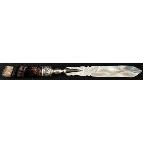 5355 - An Edwardian Derbyshire Blue John-hafted and silver-mounted mother-of-pearl paper knife, quill-shape... 