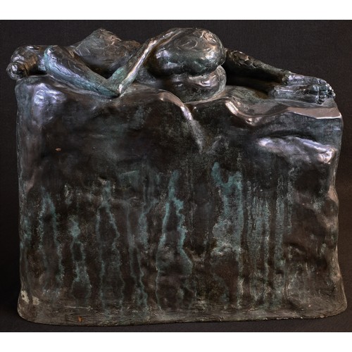 5420 - English School (20th century), a verdigris faux bronze maquette, of a sleeping female nude, recumben... 