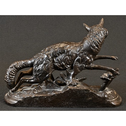 5428 - French School (early 20th century), patinated metal, The Catch, a fox makes off with a bird, 20cm lo... 