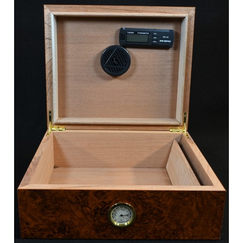 5305 - An Angelo burl wood cigar humidor, hinged cover, hygrometer, 26.5cm wide