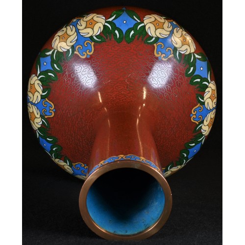 5097 - A Chinese cloisonne enamel compressed baluster vase, decorated in polychrome with a band of stylised... 