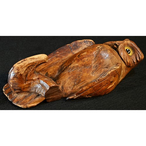 5080 - A Black Forest novelty coat hook, carved as an owl, glass eyes, 14cm long, early 20th century