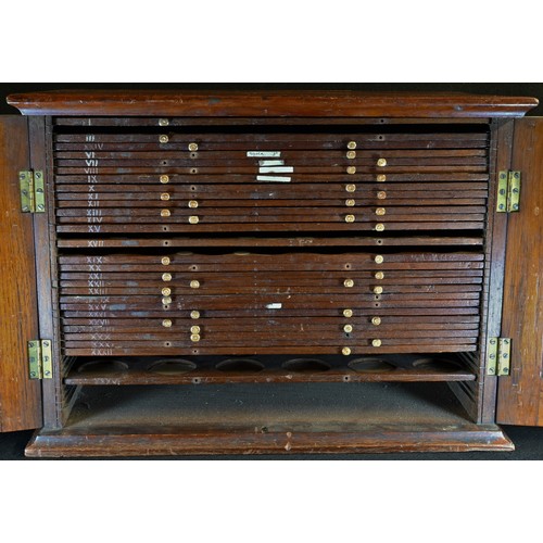 5272 - A Victorian coin collector's cabinet, oversailing top above a pair of panelled doors enclosing slidi... 