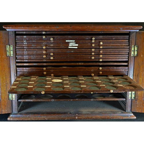 5272 - A Victorian coin collector's cabinet, oversailing top above a pair of panelled doors enclosing slidi... 