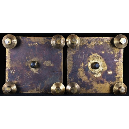 5203 - A pair of 19th century gilt bronze and rose marble candlesticks, campana sconces, reeded pillars, kn... 