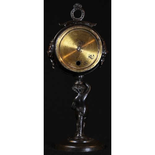 5169 - A late 19th century dark patinated figural aneroid desk barometer, 5.5cm dial, the pillar cast as a ... 